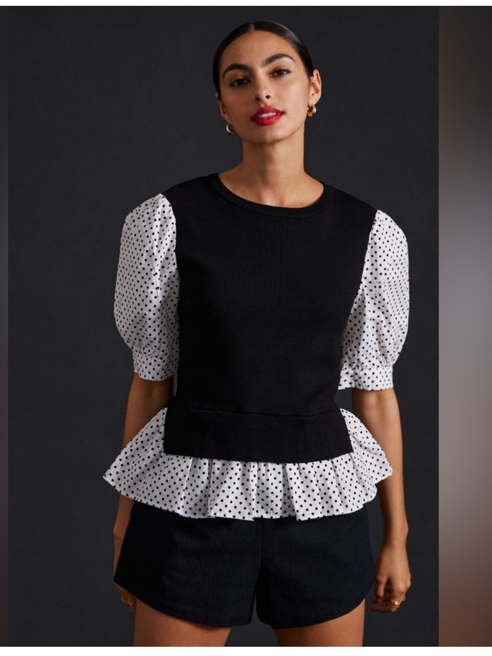 By Anthropologie Layered Poplin-Sleeve Polka Dot Mixed Media Sweater Top, M - Picture 2 of 13